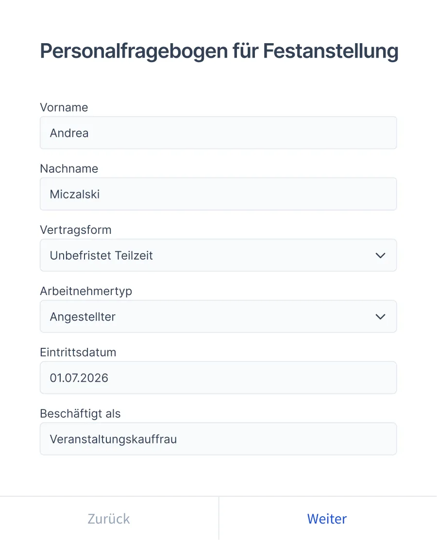 Personalfragebogen für Festanstellung