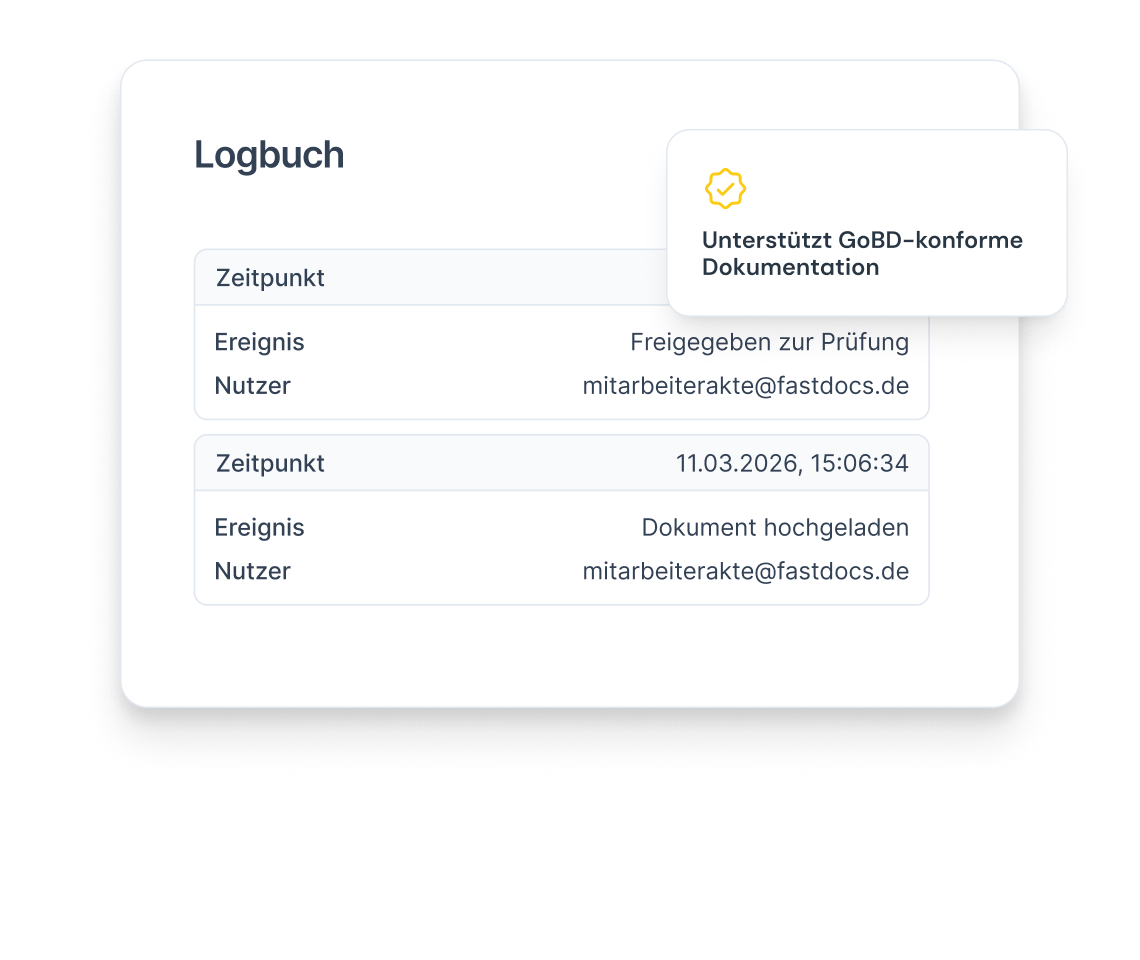 Logbuch in der Mitarbeiterakte mit Einträgen zu hochgeladenen und freigegebenen Dokumenten sowie GoBD-Konformitätsnachweis