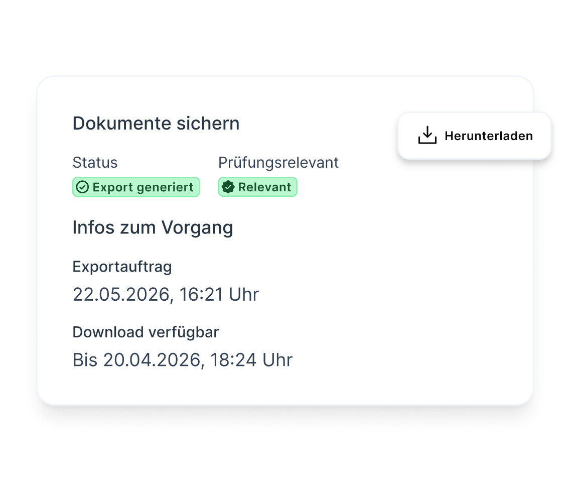 Export-Dialog zum Sichern prüfungsrelevanter Dokumente mit Status „Export generiert“ und Download-Button