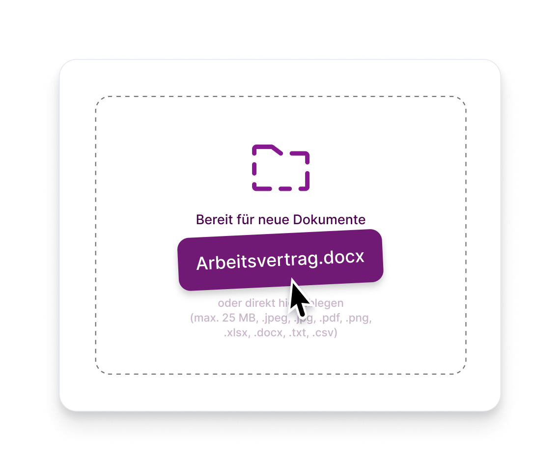 Drag-and-Drop-Bereich zum Hochladen von Dokumenten wie Arbeitsvertrag.docx in die Mitarbeiterakte